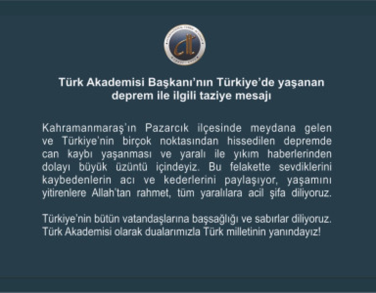 Condolences of the President of the Turkic Academy in connection with the earthquake in Turkey